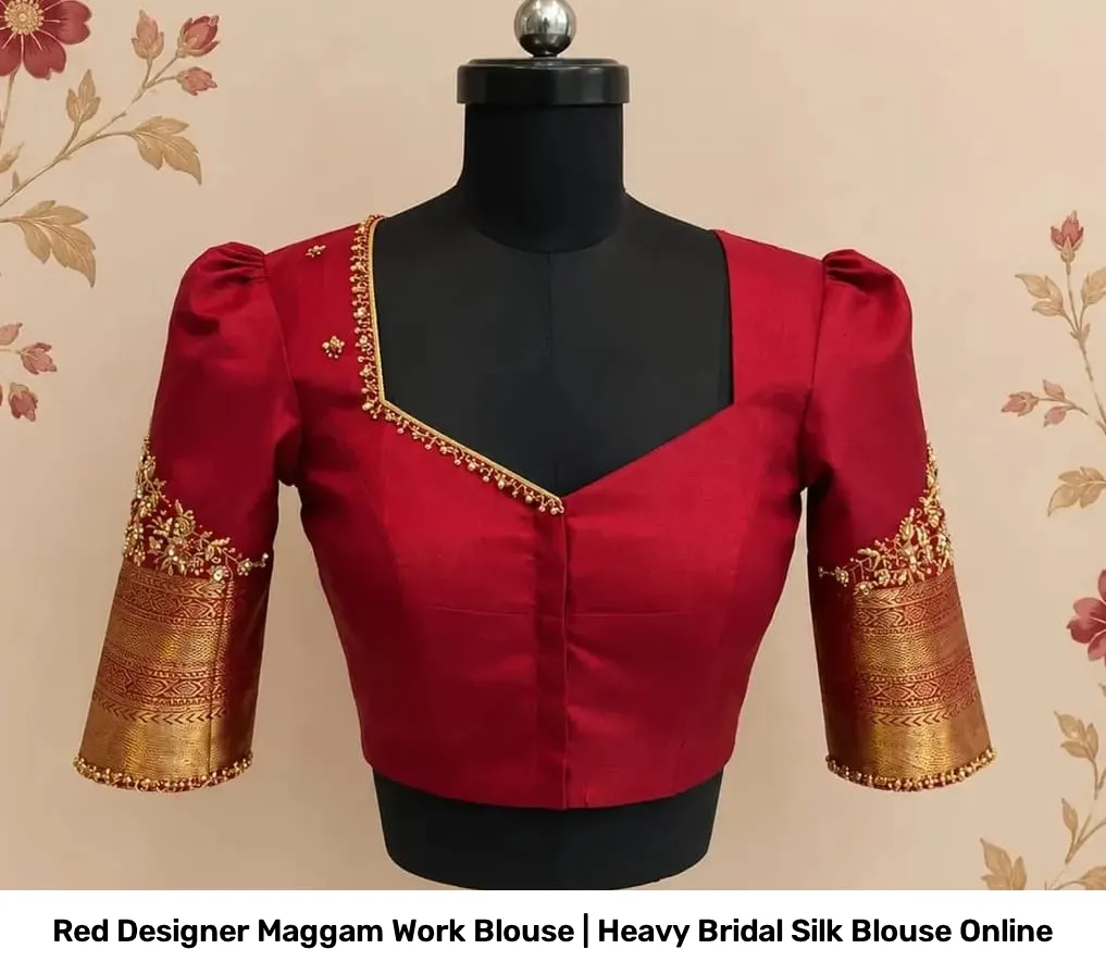 Red Designer Maggam Work Blouse | Heavy Bridal Silk Blouse Online 3