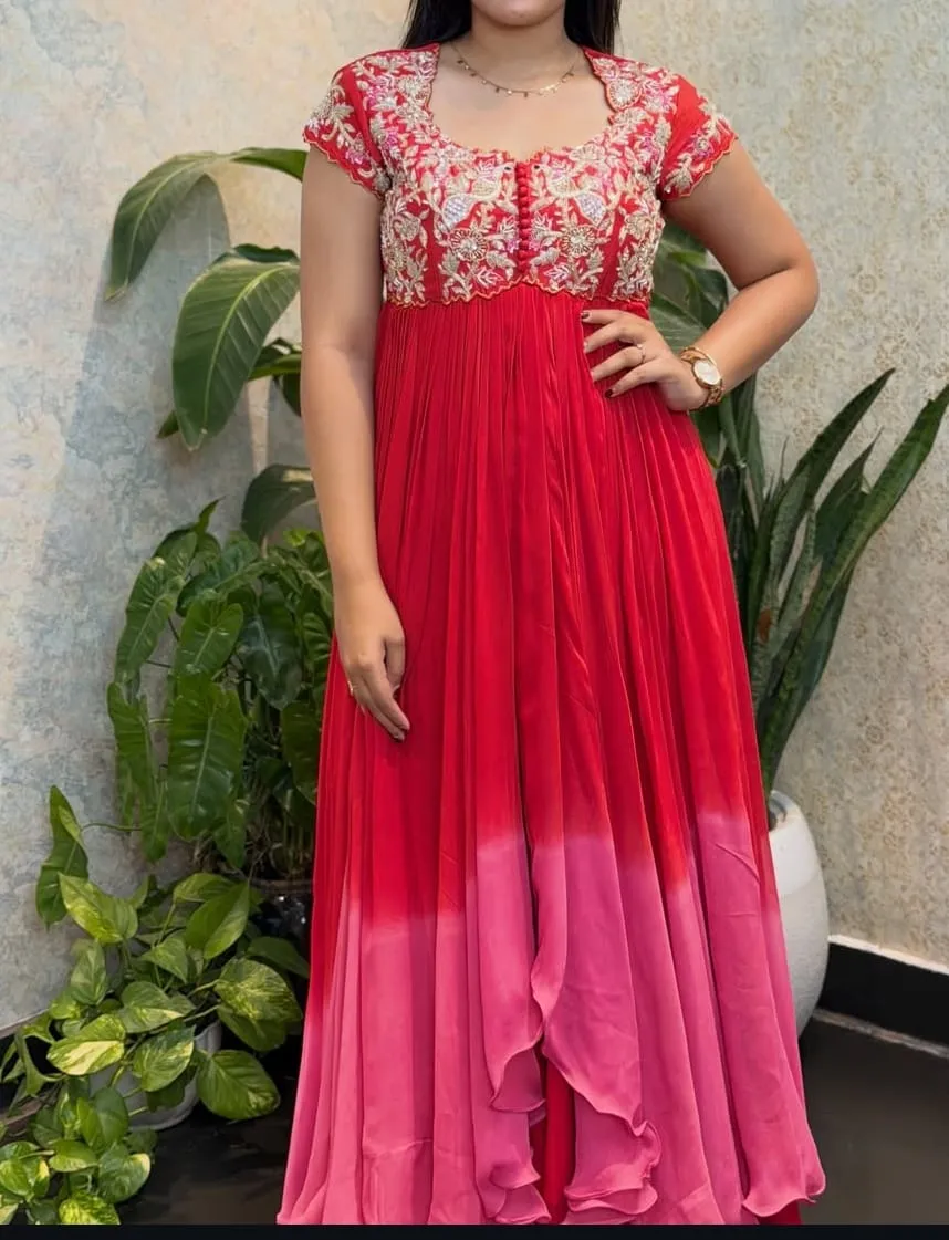 Red & Pink Ombré Pleated Georgette Anarkali Gown – Hand Embroidered Yoke Wedding Guest Long Ethnic Dress