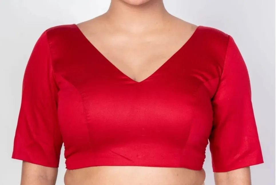 Red Plain Silk Saree Blouse Readymade – Half Sleeve Plunging Backless V-Neck Lehenga Crop Top