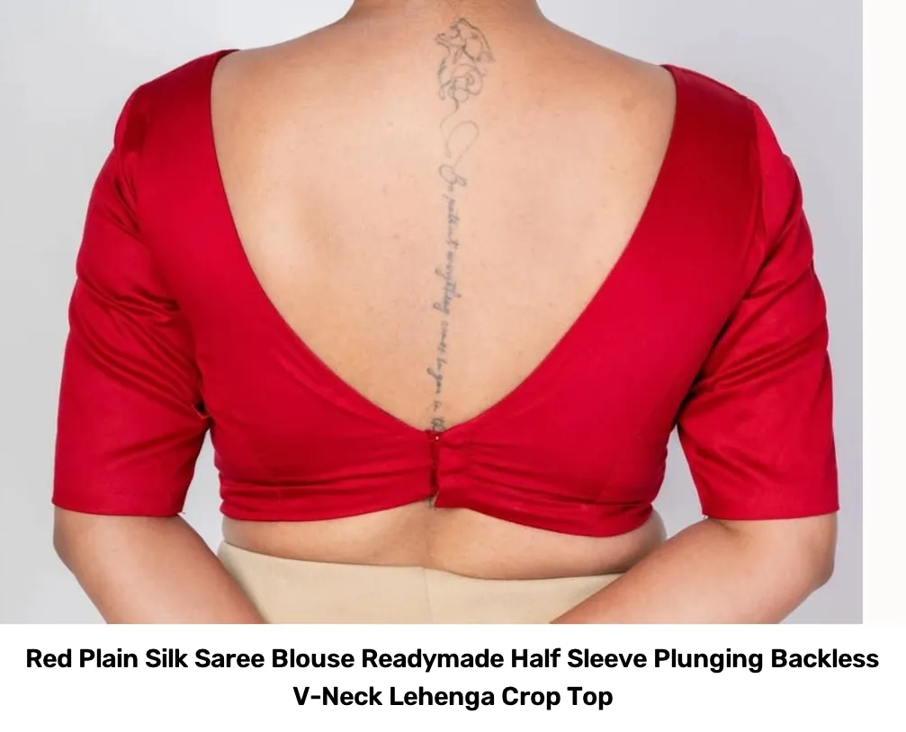 Red Plain Silk Saree Blouse Readymade – Half Sleeve Plunging Backless V-Neck Lehenga Crop Top 2