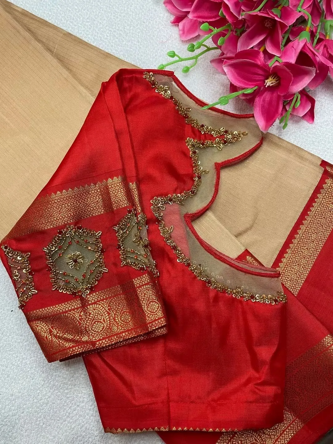 Red Pure Silk Readymade Blouse | Scallop Net Neck & Zardozi Handwork Sleeves | Bridal Saree Blouse 1