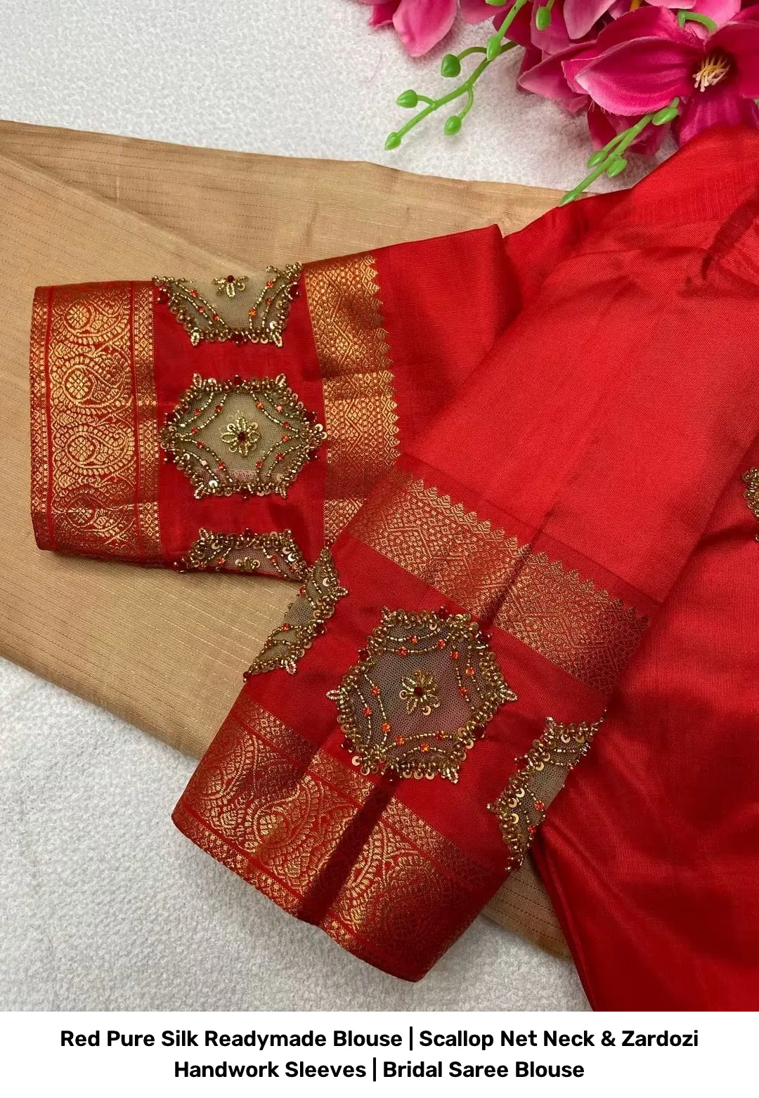 Red Pure Silk Readymade Blouse | Scallop Net Neck & Zardozi Handwork Sleeves | Bridal Saree Blouse 2
