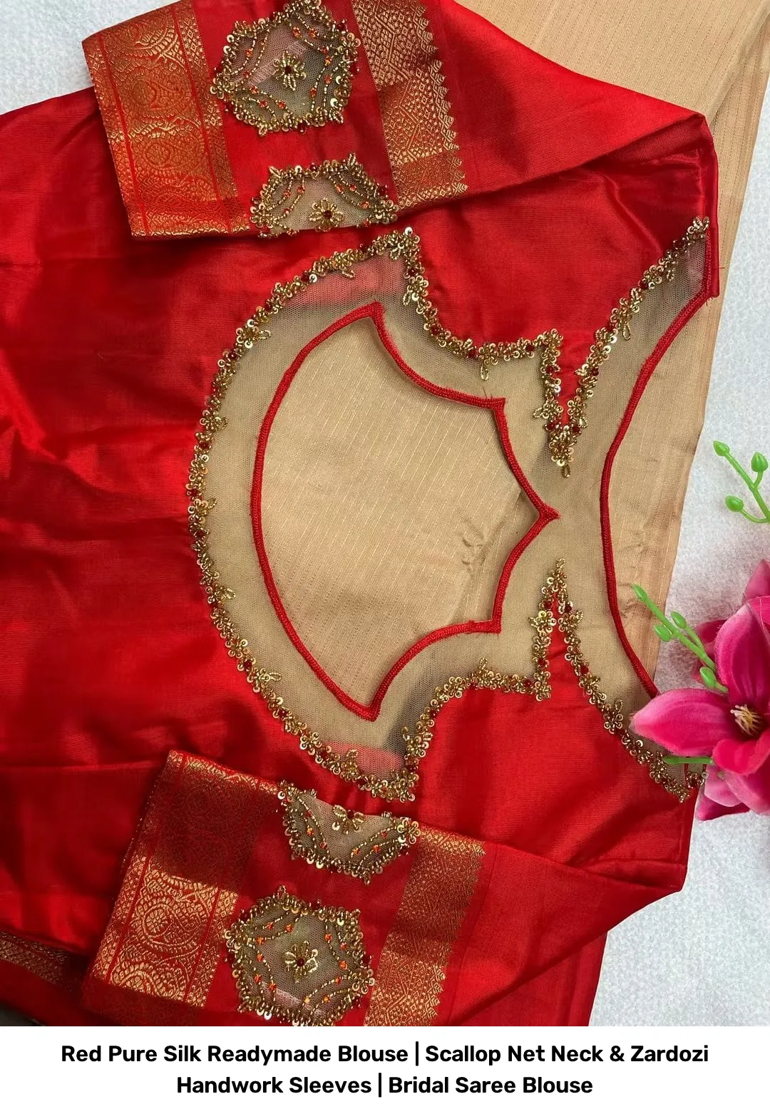Red Pure Silk Readymade Blouse | Scallop Net Neck & Zardozi Handwork Sleeves | Bridal Saree Blouse 3