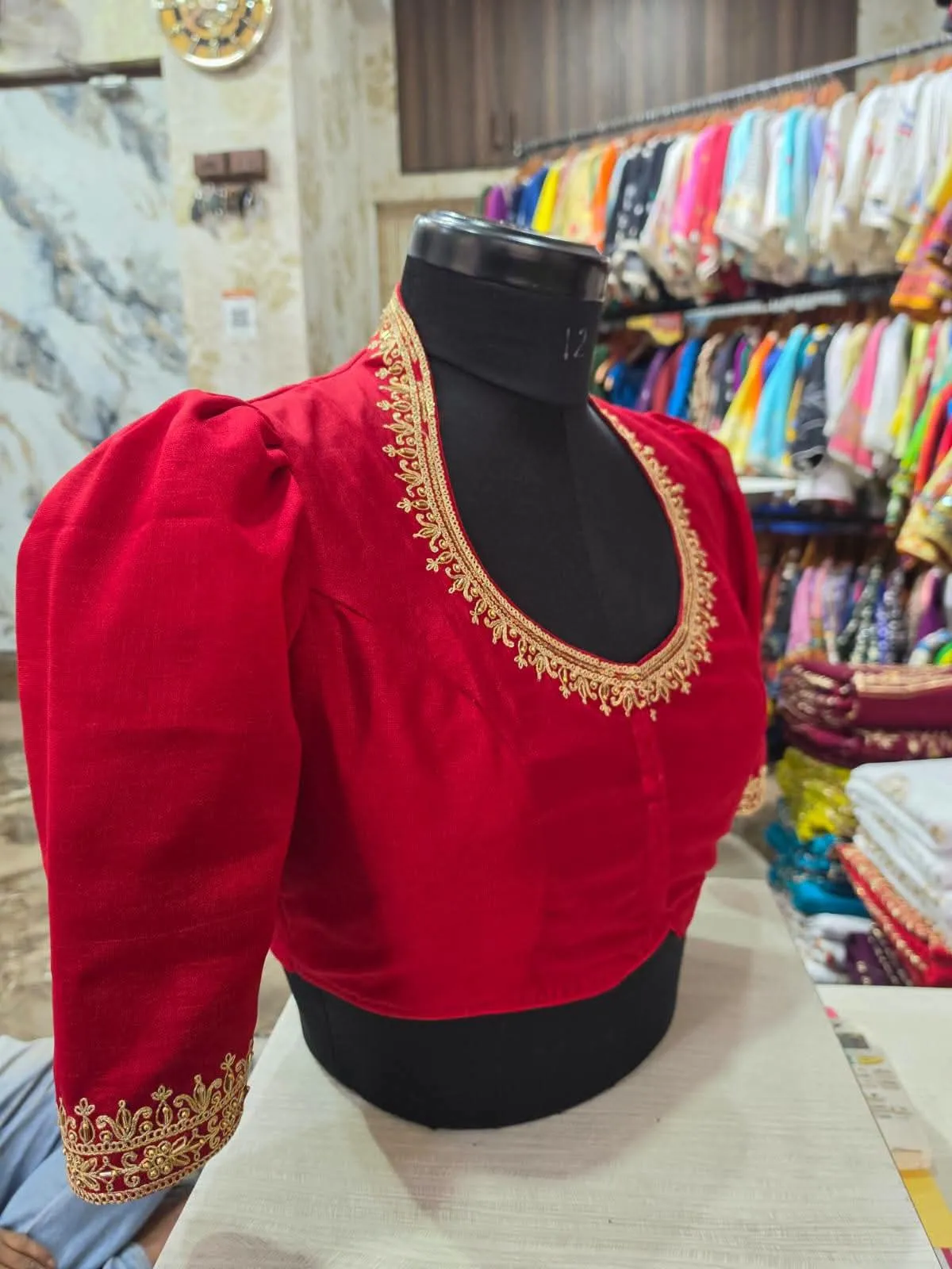 Red Raw Silk Readymade Bridal Blouse with Puff Sleeves, High Collar Neckline & Handcrafted Paisley Back Embroidery | Designer Saree Blouse