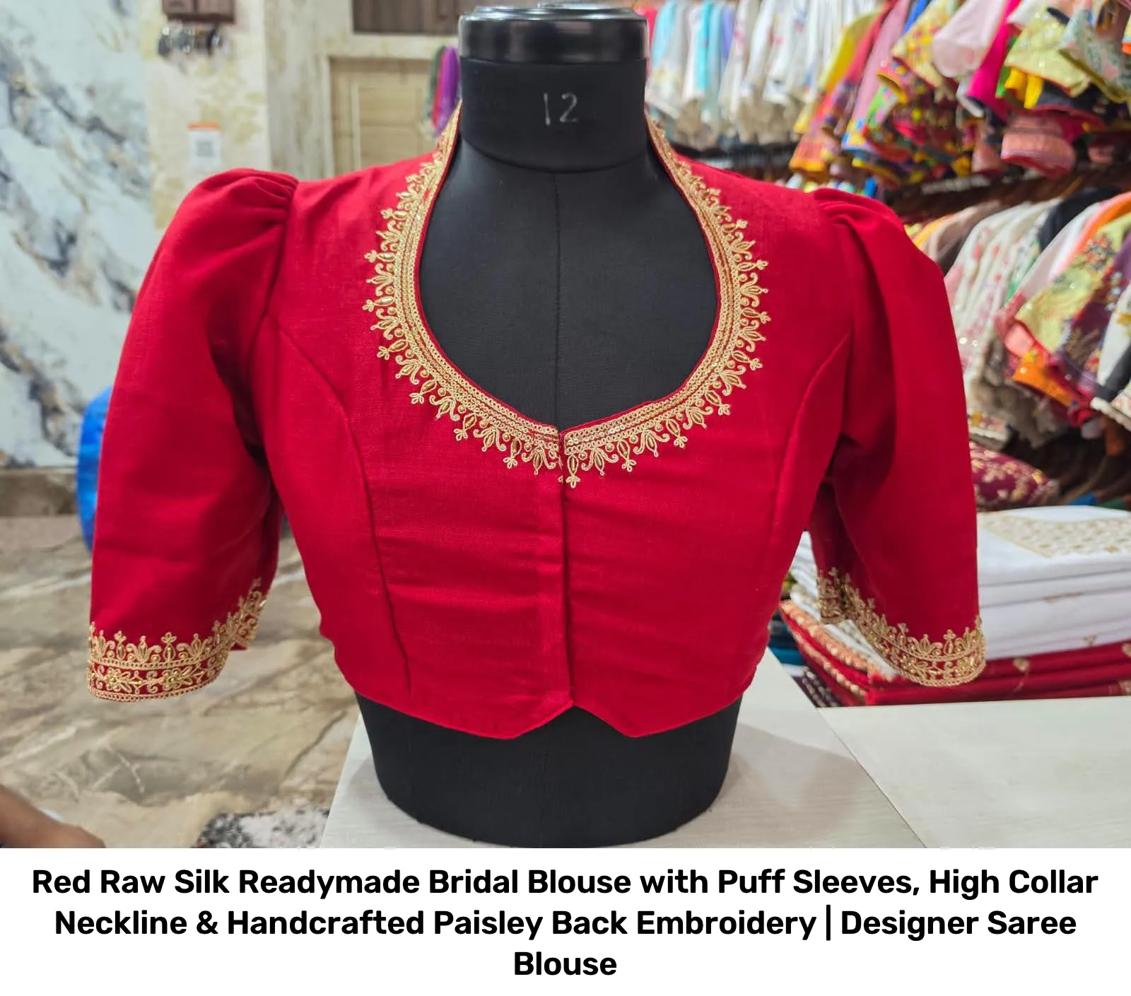 Red Raw Silk Readymade Bridal Blouse with Puff Sleeves, High Collar Neckline & Handcrafted Paisley Back Embroidery | Designer Saree Blouse 2