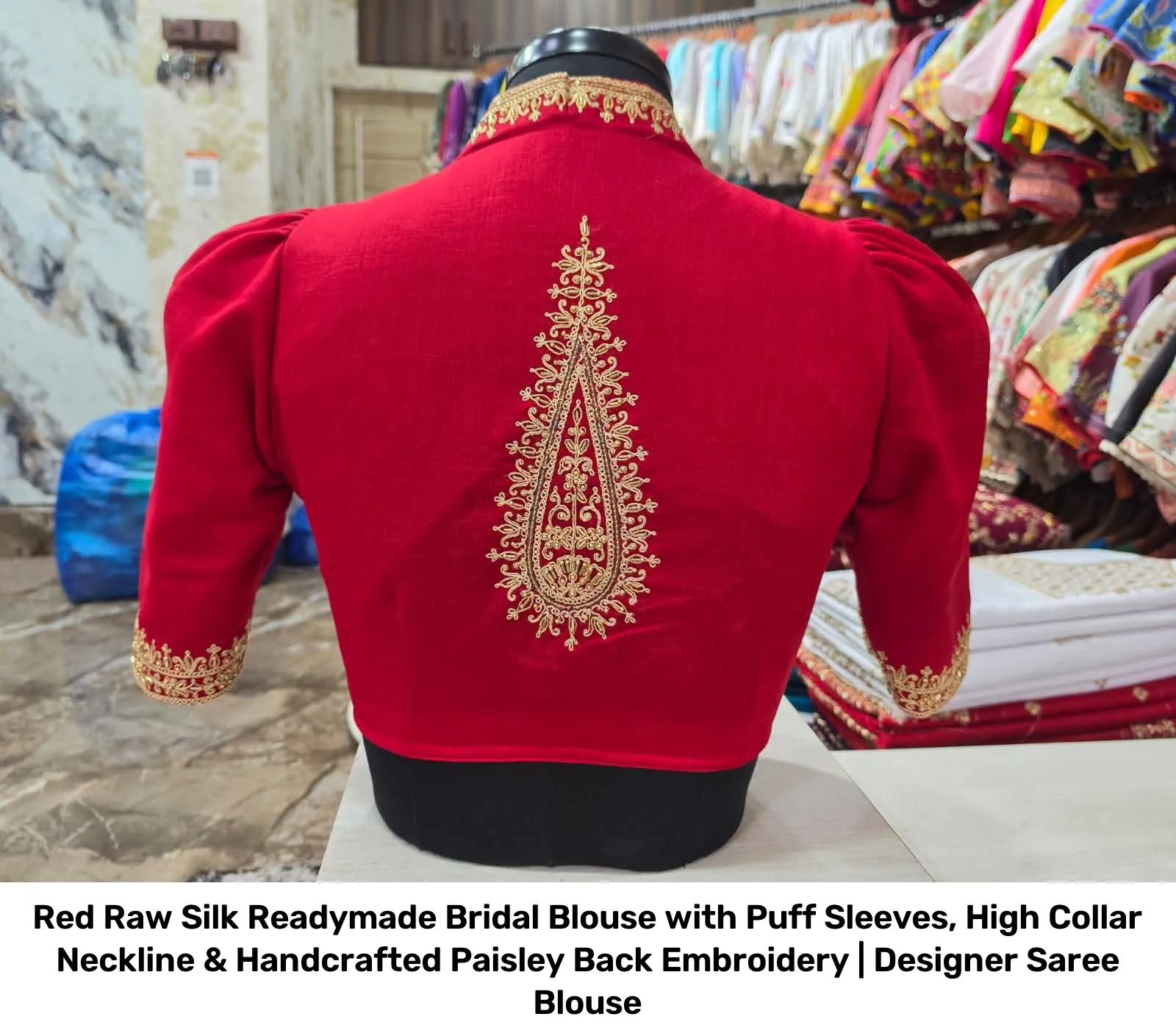 Red Raw Silk Readymade Bridal Blouse with Puff Sleeves, High Collar Neckline & Handcrafted Paisley Back Embroidery | Designer Saree Blouse 3