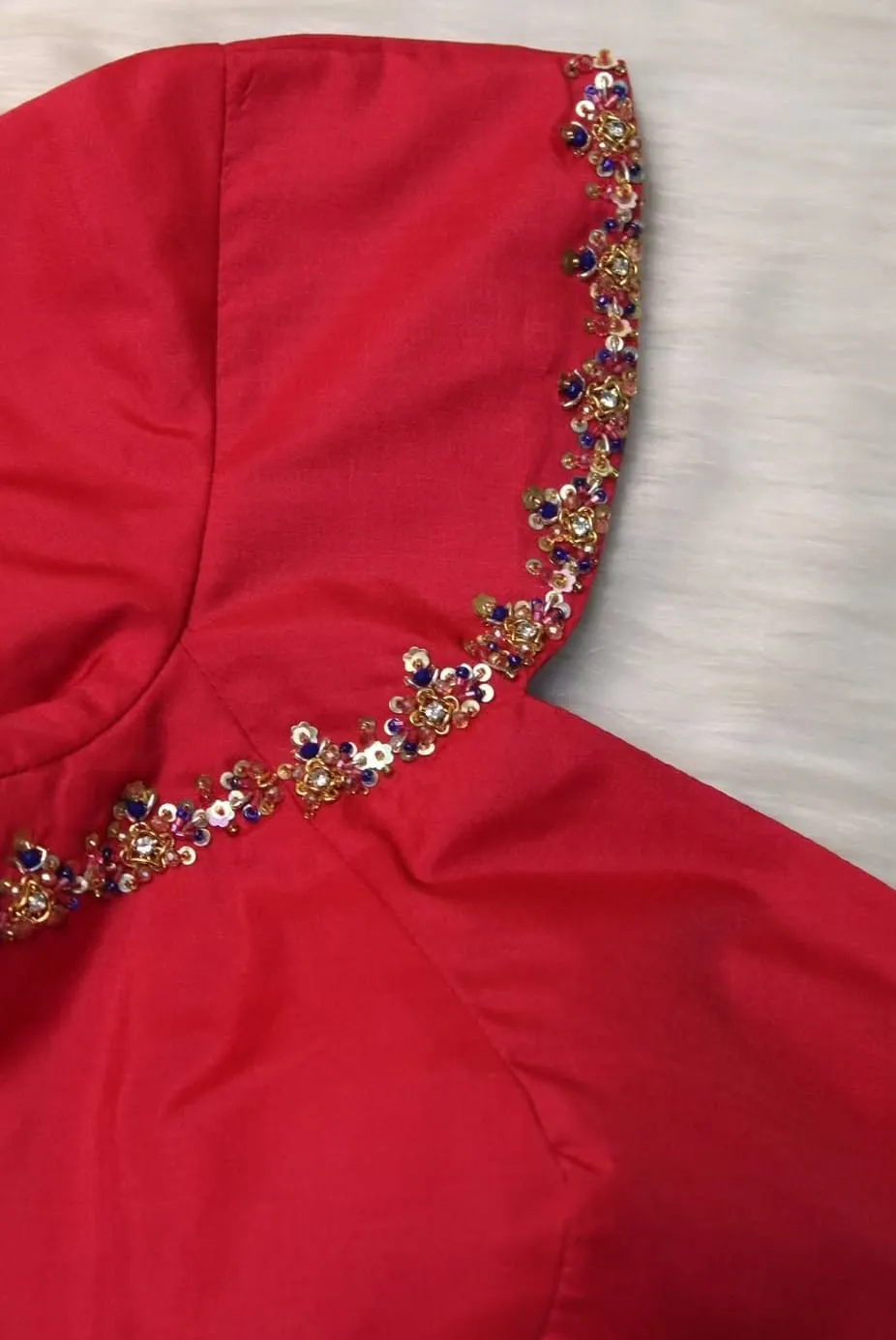 Red Raw Silk Saree Blouse – Colorful Sequin & Zardozi Hand Embroidered Cut-Out Back Neck Readymade Blouse