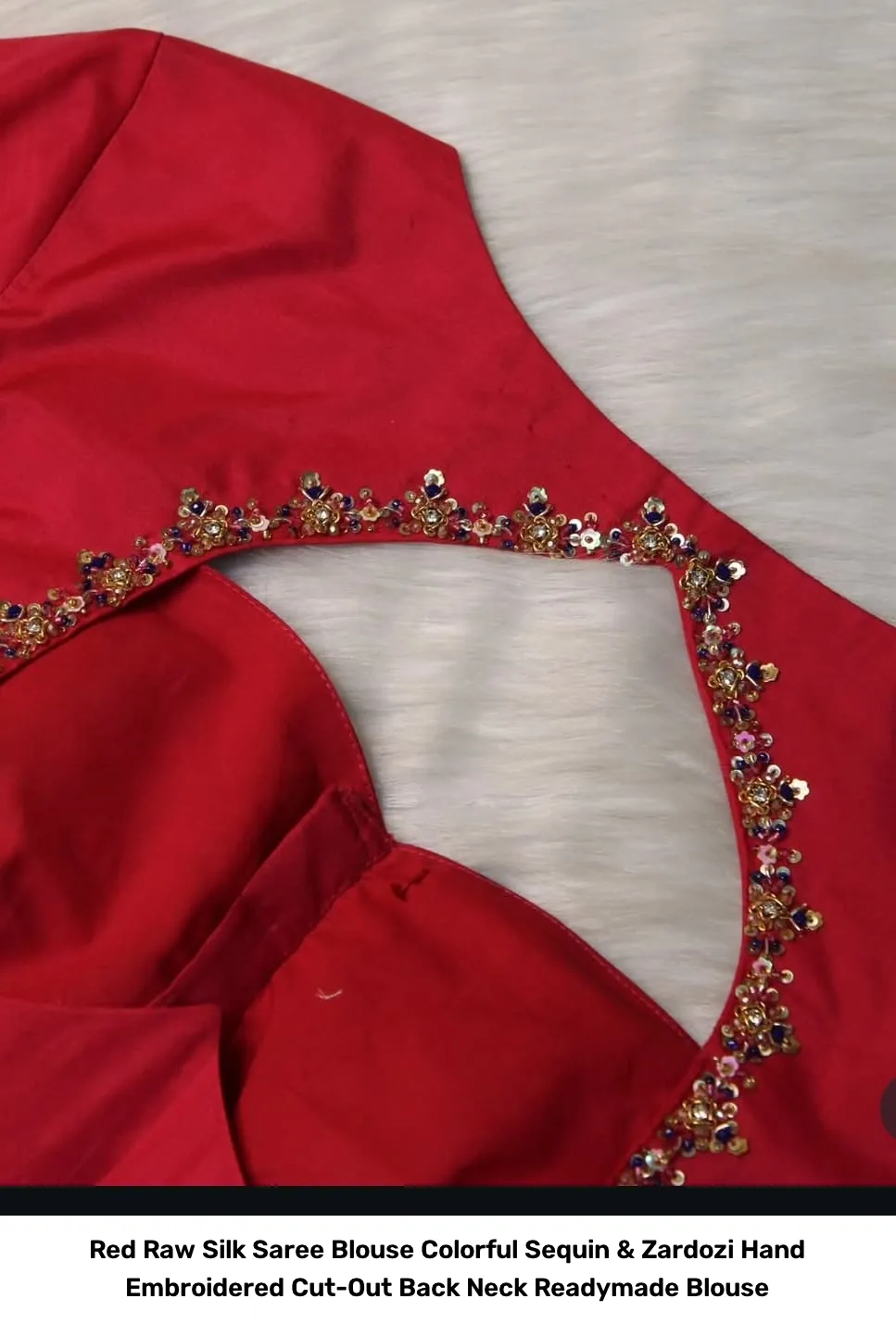 Red Raw Silk Saree Blouse – Colorful Sequin & Zardozi Hand Embroidered Cut-Out Back Neck Readymade Blouse 3