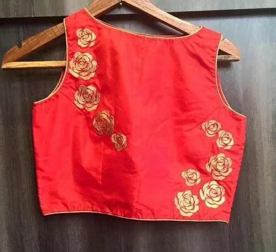 Red Raw Silk Sleeveless Blouse – Gold Zari Rose Floral Embroidered Boat Neck Blouse for Sarees & Lehengas