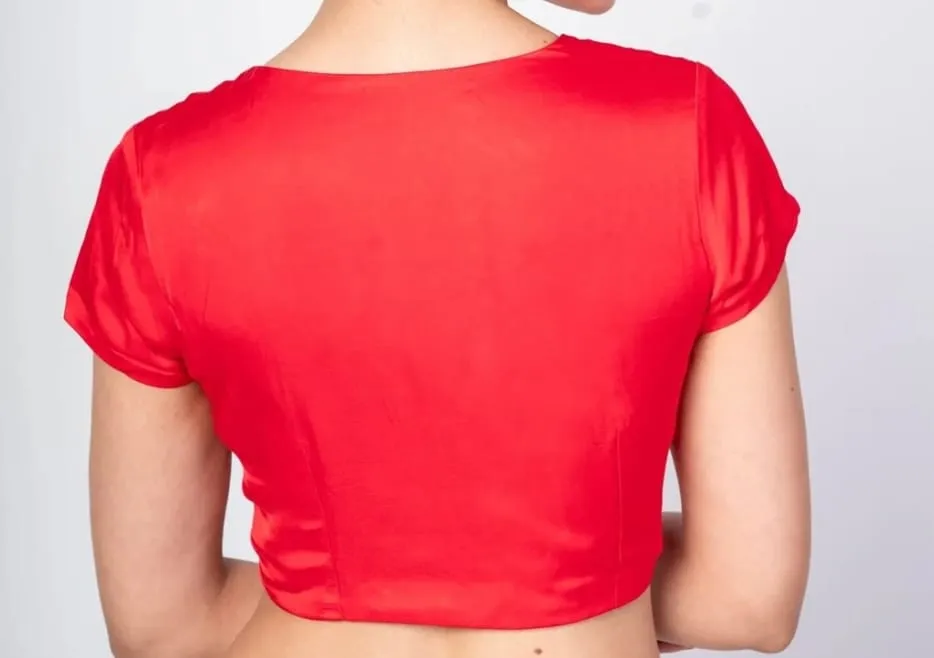 Red Silk Cap Sleeve Readymade Blouse | Deep V-Neck Inverted-V Hem Saree Crop Top