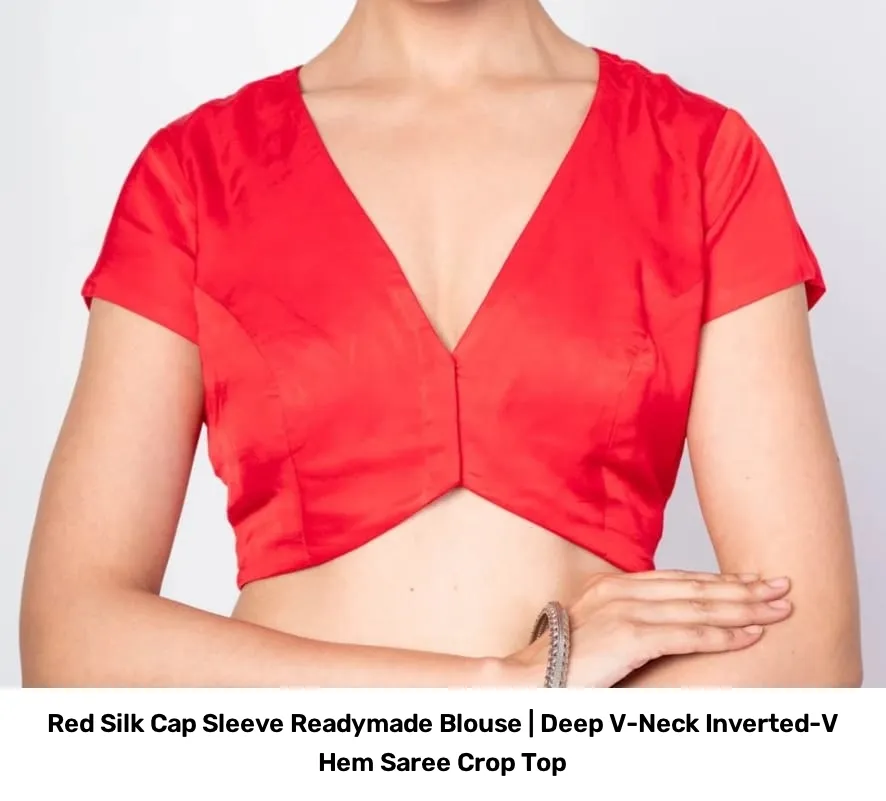 Red Silk Cap Sleeve Readymade Blouse | Deep V-Neck Inverted-V Hem Saree Crop Top 2