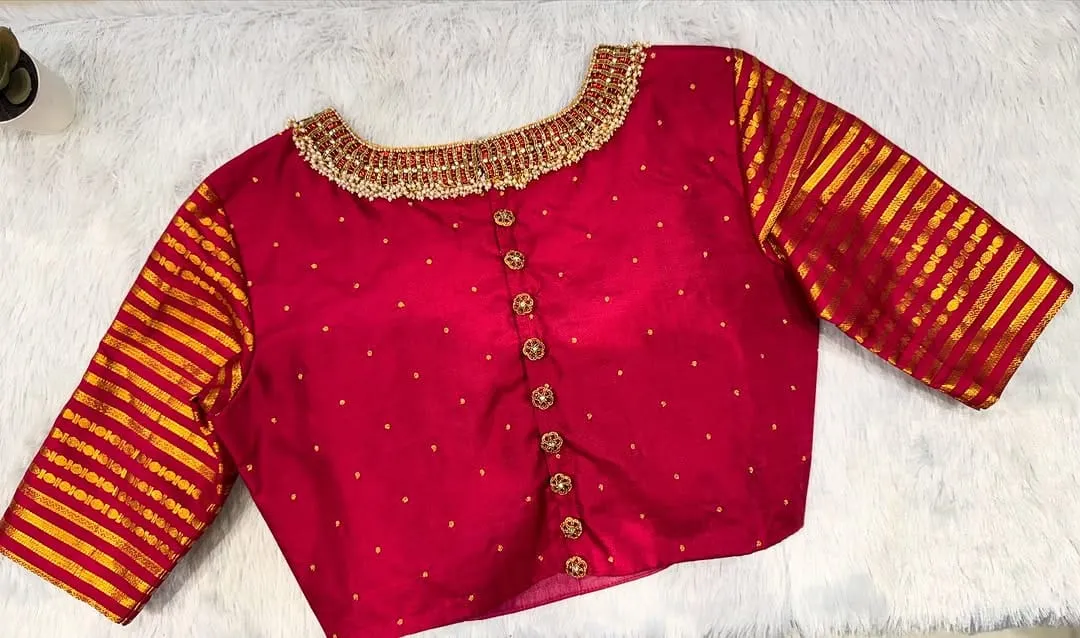 Red Silk Embroidered Bridal Saree Blouse | Readymade Necklace Neck Maggam Work Blouse with Zari Sleeves