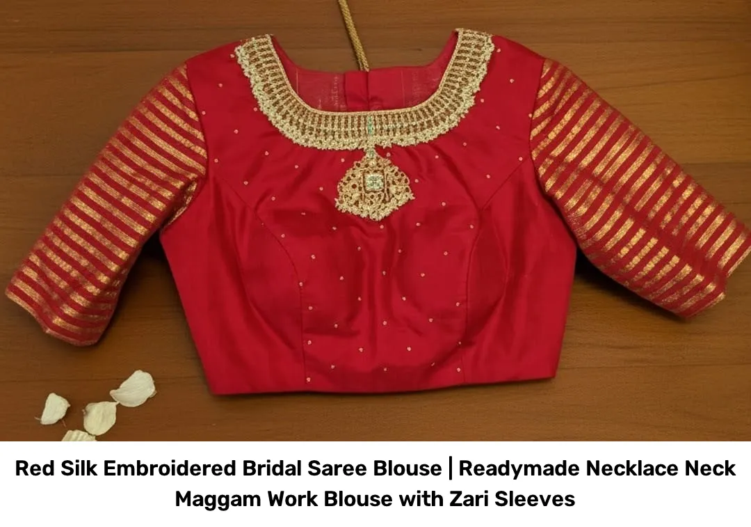 Red Silk Embroidered Bridal Saree Blouse | Readymade Necklace Neck Maggam Work Blouse with Zari Sleeves 2