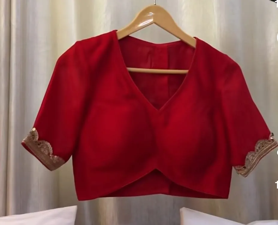 Red Silk Saree Blouse | V-Neck Cutout Hem Crop Top with Scallop Zari Border & Potli Button Back