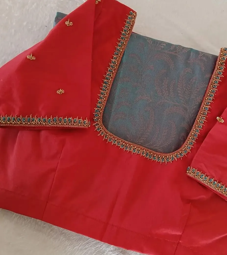 Red Silk Saree Blouse with Turquoise Bead & Zari Border Work | Readymade / Custom Stitched Bridal Party Wear Blouse