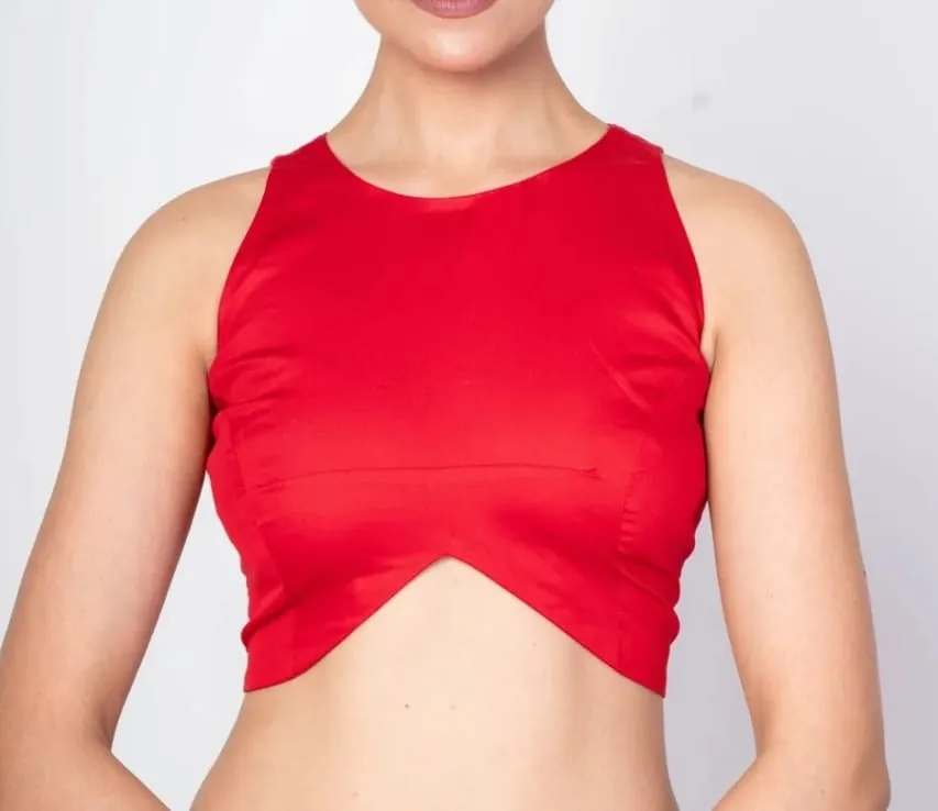 Red Silk Sleeveless Readymade Blouse | High Neck Inverted-V Cut Front Saree Choli 1