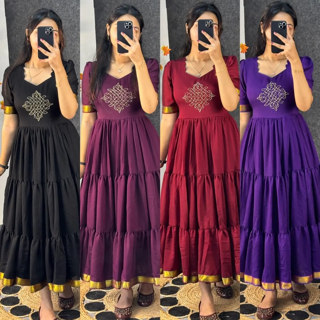 Retro 80s Trend Vichitra Silk 3-Tier Long Frock – Handcrafted Kolam Yoke Festive Gown