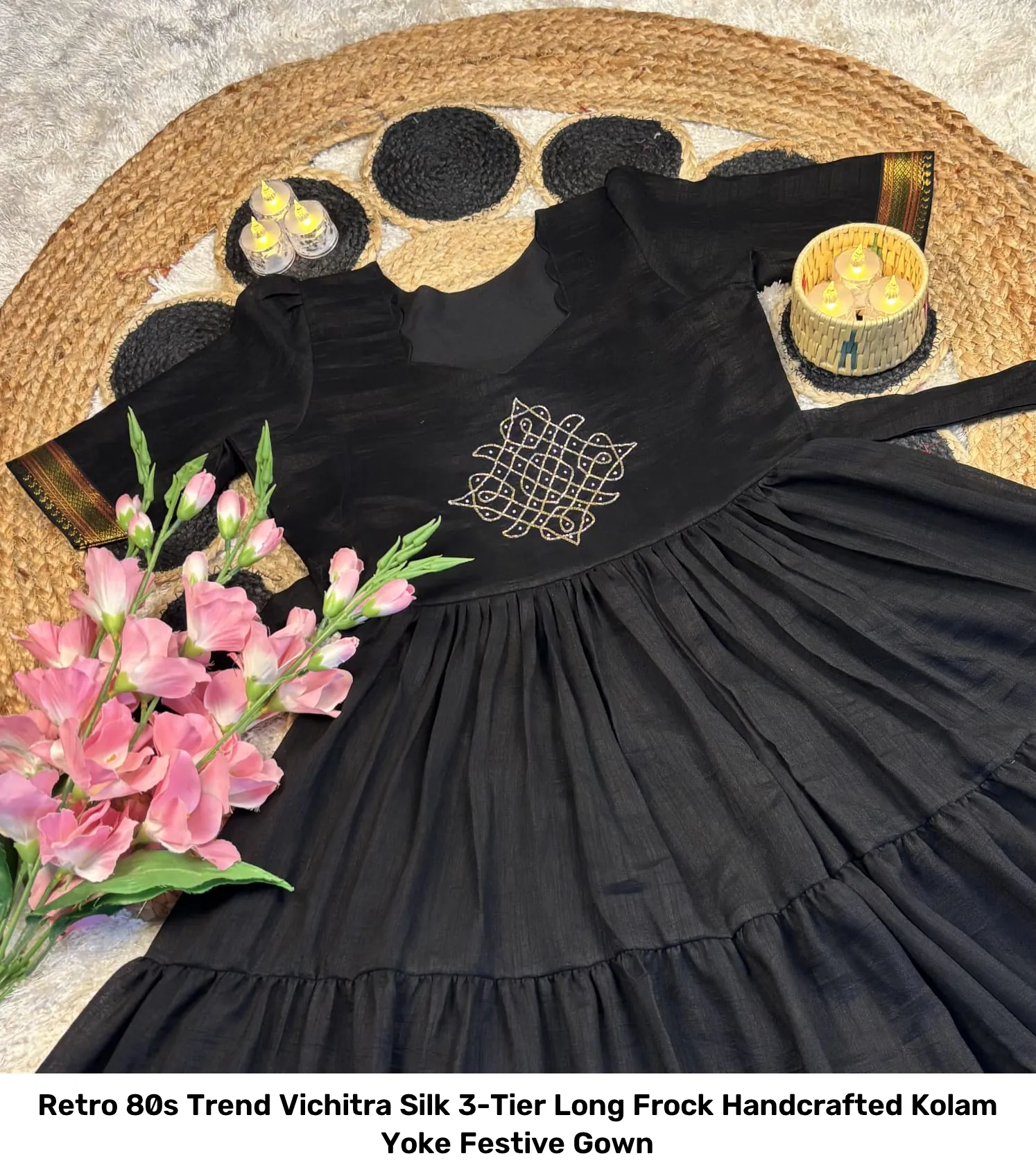 Retro 80s Trend Vichitra Silk 3-Tier Long Frock – Handcrafted Kolam Yoke Festive Gown 10