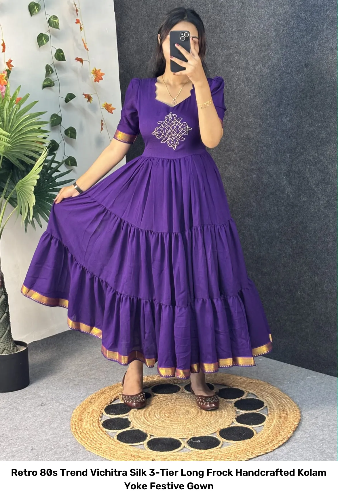 Retro 80s Trend Vichitra Silk 3-Tier Long Frock – Handcrafted Kolam Yoke Festive Gown 11