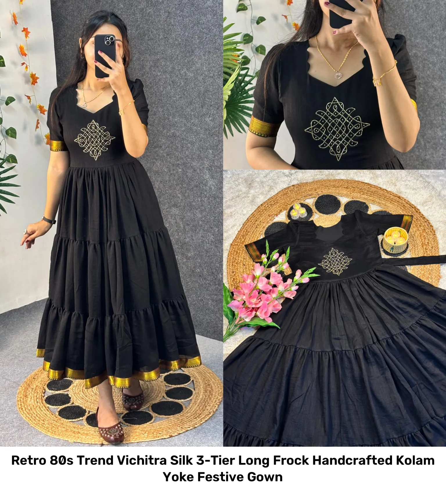 Retro 80s Trend Vichitra Silk 3-Tier Long Frock – Handcrafted Kolam Yoke Festive Gown 13
