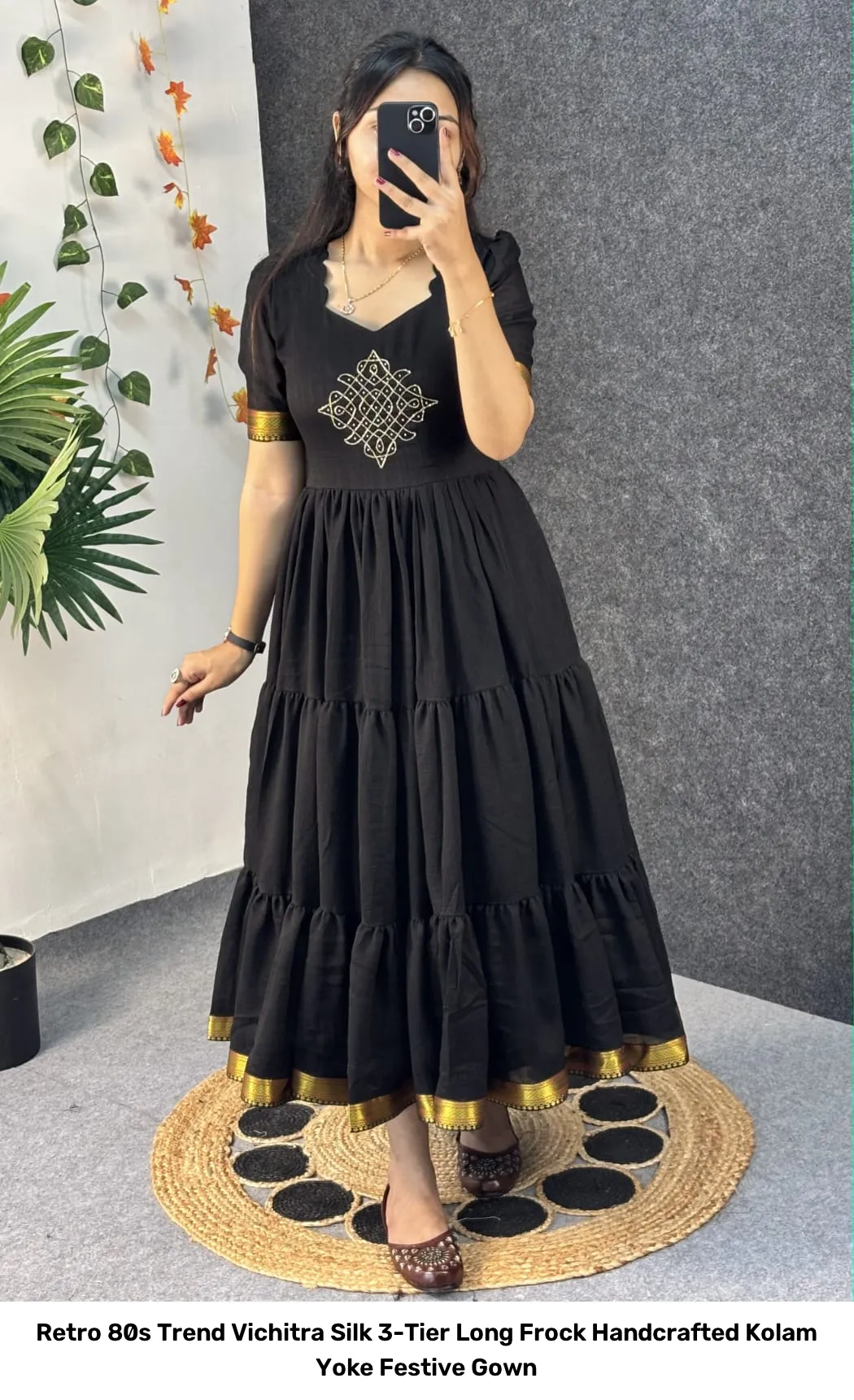 Retro 80s Trend Vichitra Silk 3-Tier Long Frock – Handcrafted Kolam Yoke Festive Gown 15