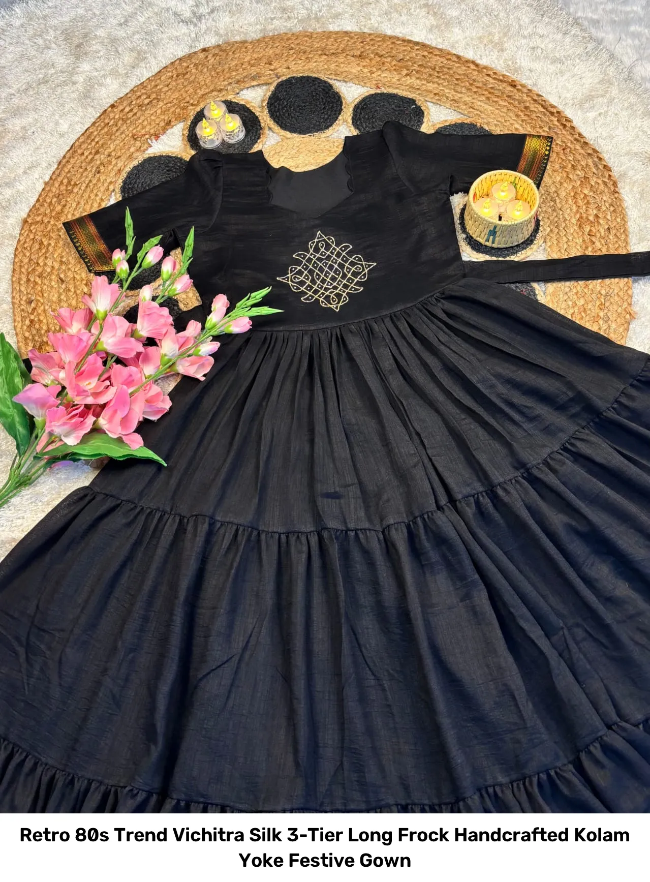 Retro 80s Trend Vichitra Silk 3-Tier Long Frock – Handcrafted Kolam Yoke Festive Gown 16