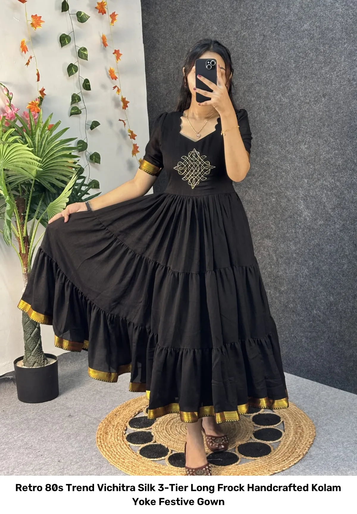 Retro 80s Trend Vichitra Silk 3-Tier Long Frock – Handcrafted Kolam Yoke Festive Gown 17