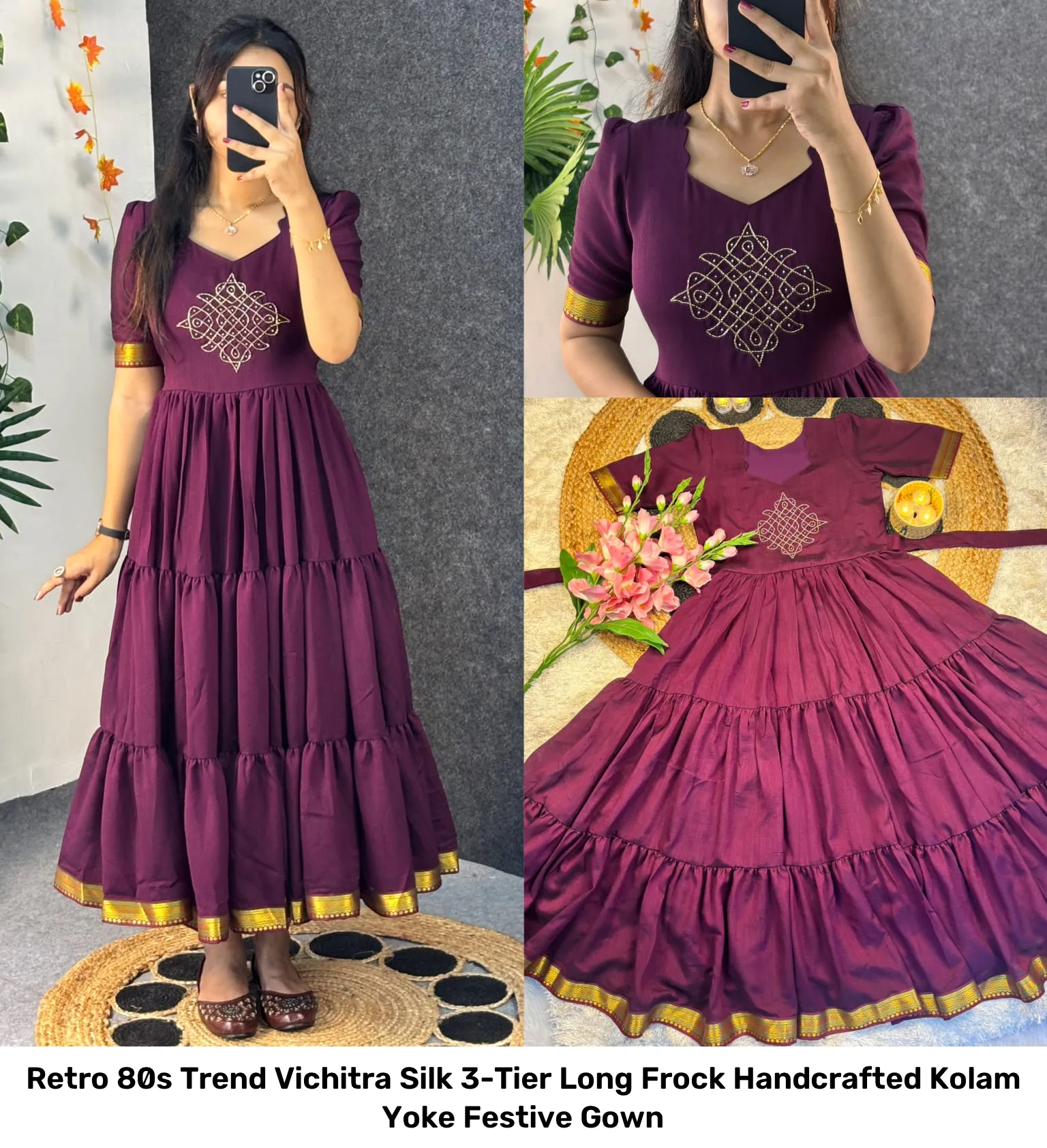 Retro 80s Trend Vichitra Silk 3-Tier Long Frock – Handcrafted Kolam Yoke Festive Gown 18