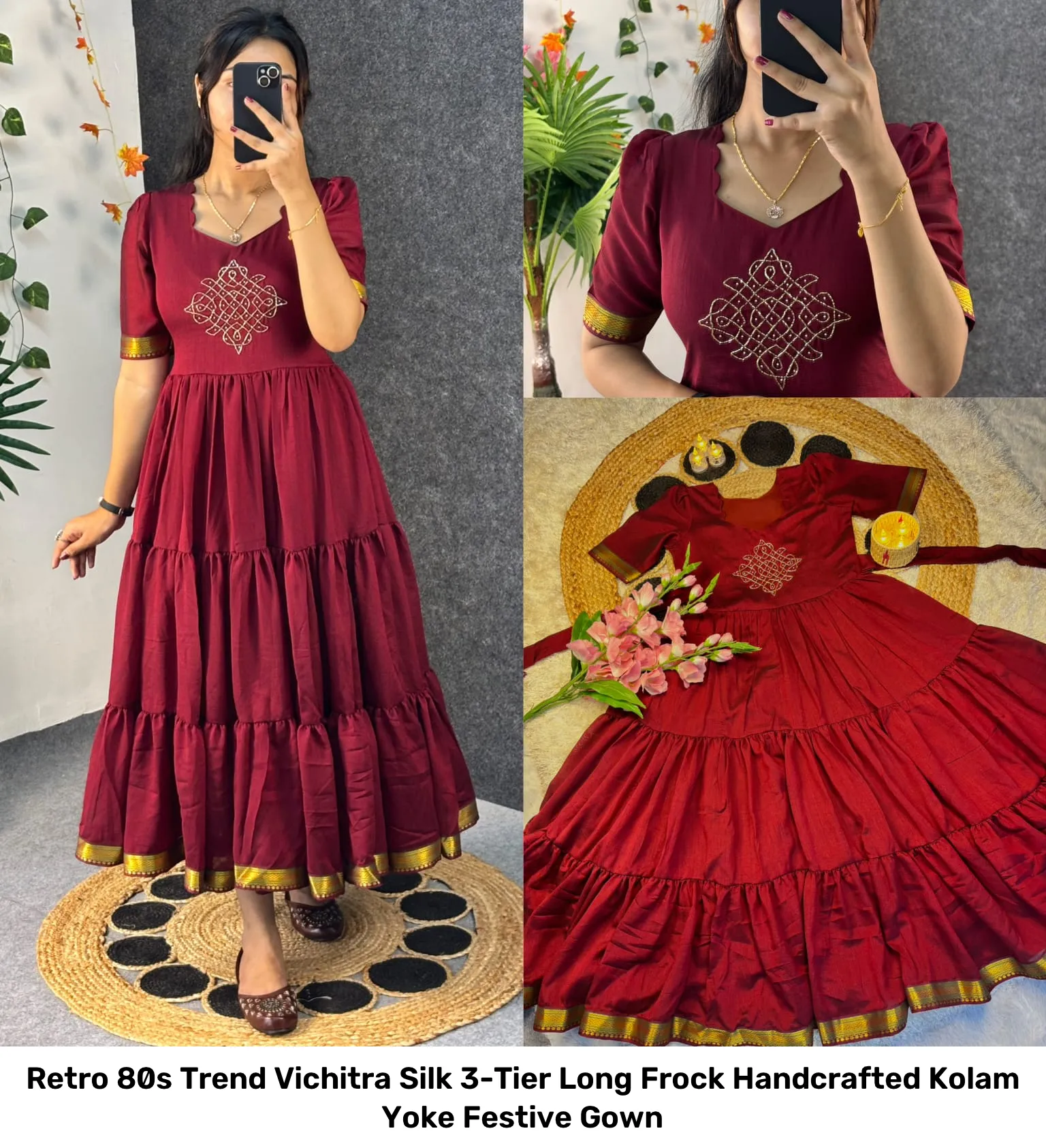 Retro 80s Trend Vichitra Silk 3-Tier Long Frock – Handcrafted Kolam Yoke Festive Gown 19