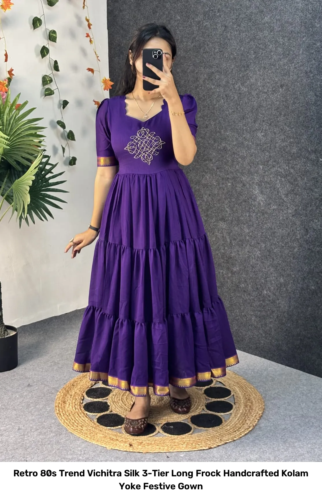 Retro 80s Trend Vichitra Silk 3-Tier Long Frock – Handcrafted Kolam Yoke Festive Gown 2