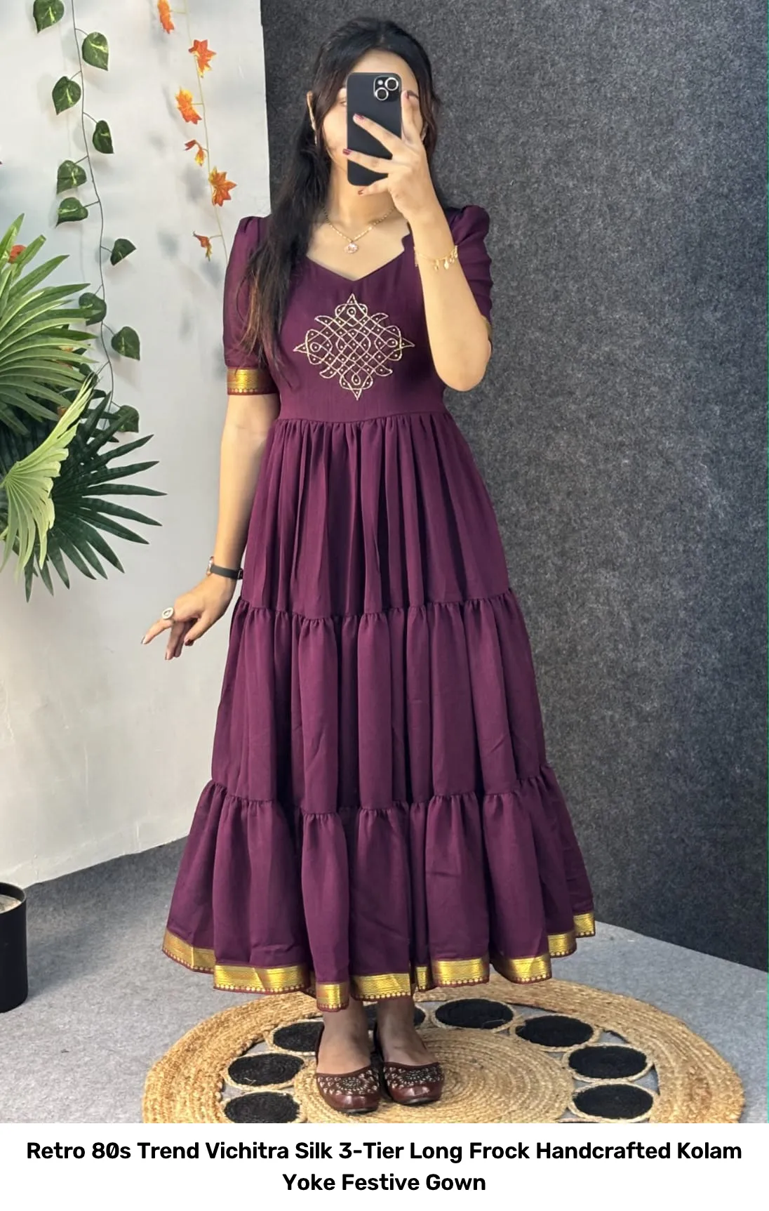 Retro 80s Trend Vichitra Silk 3-Tier Long Frock – Handcrafted Kolam Yoke Festive Gown 21