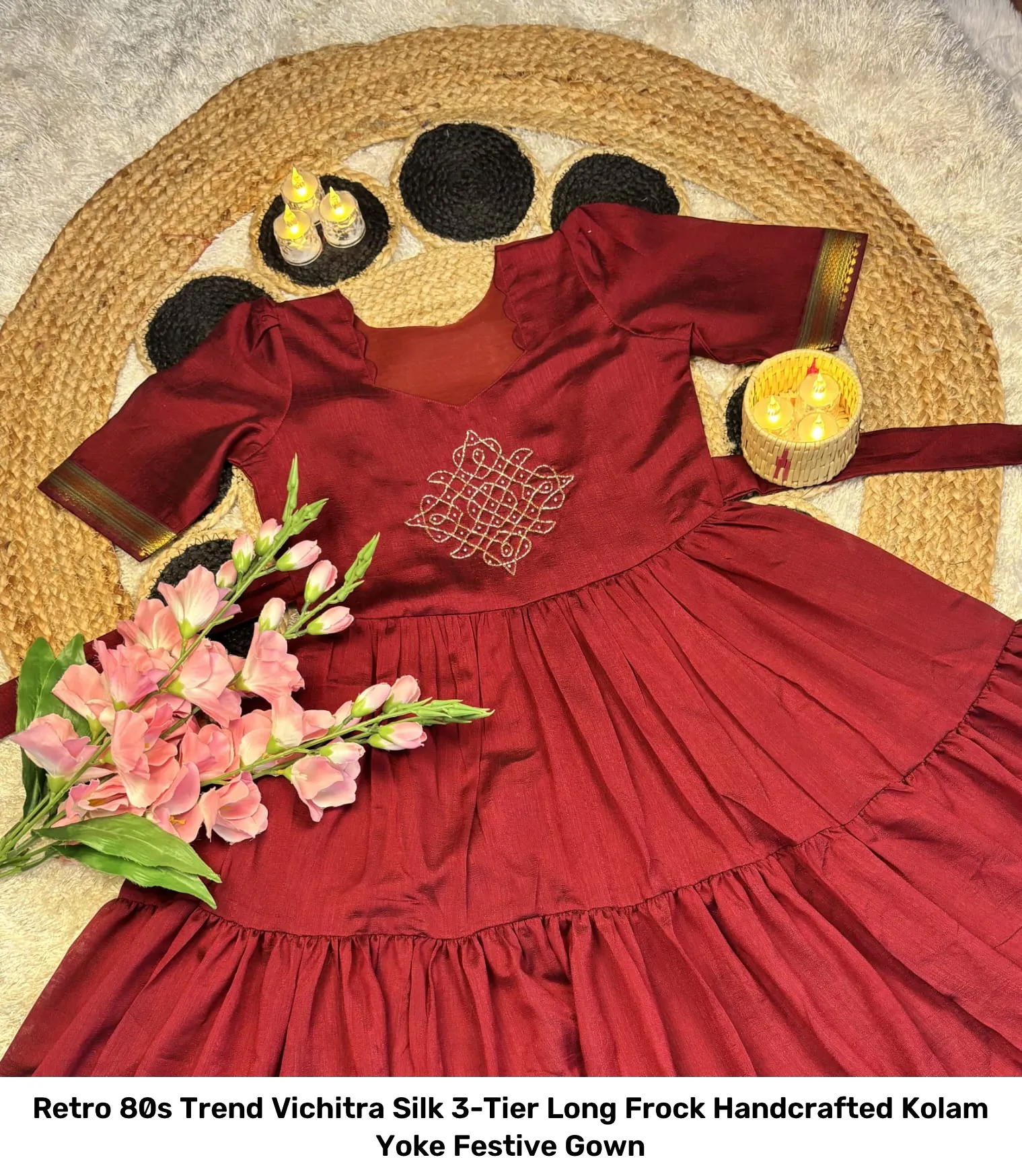 Retro 80s Trend Vichitra Silk 3-Tier Long Frock – Handcrafted Kolam Yoke Festive Gown 22
