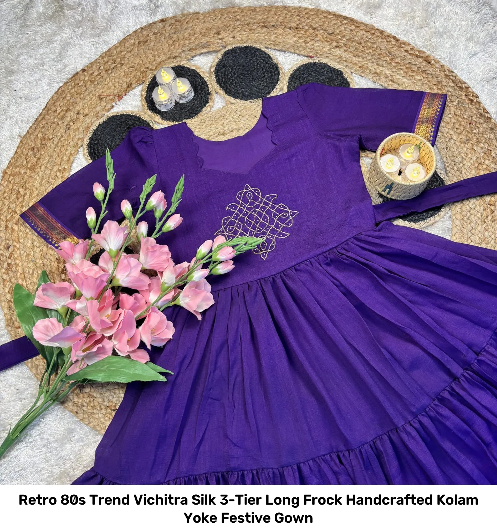 Retro 80s Trend Vichitra Silk 3-Tier Long Frock – Handcrafted Kolam Yoke Festive Gown 23