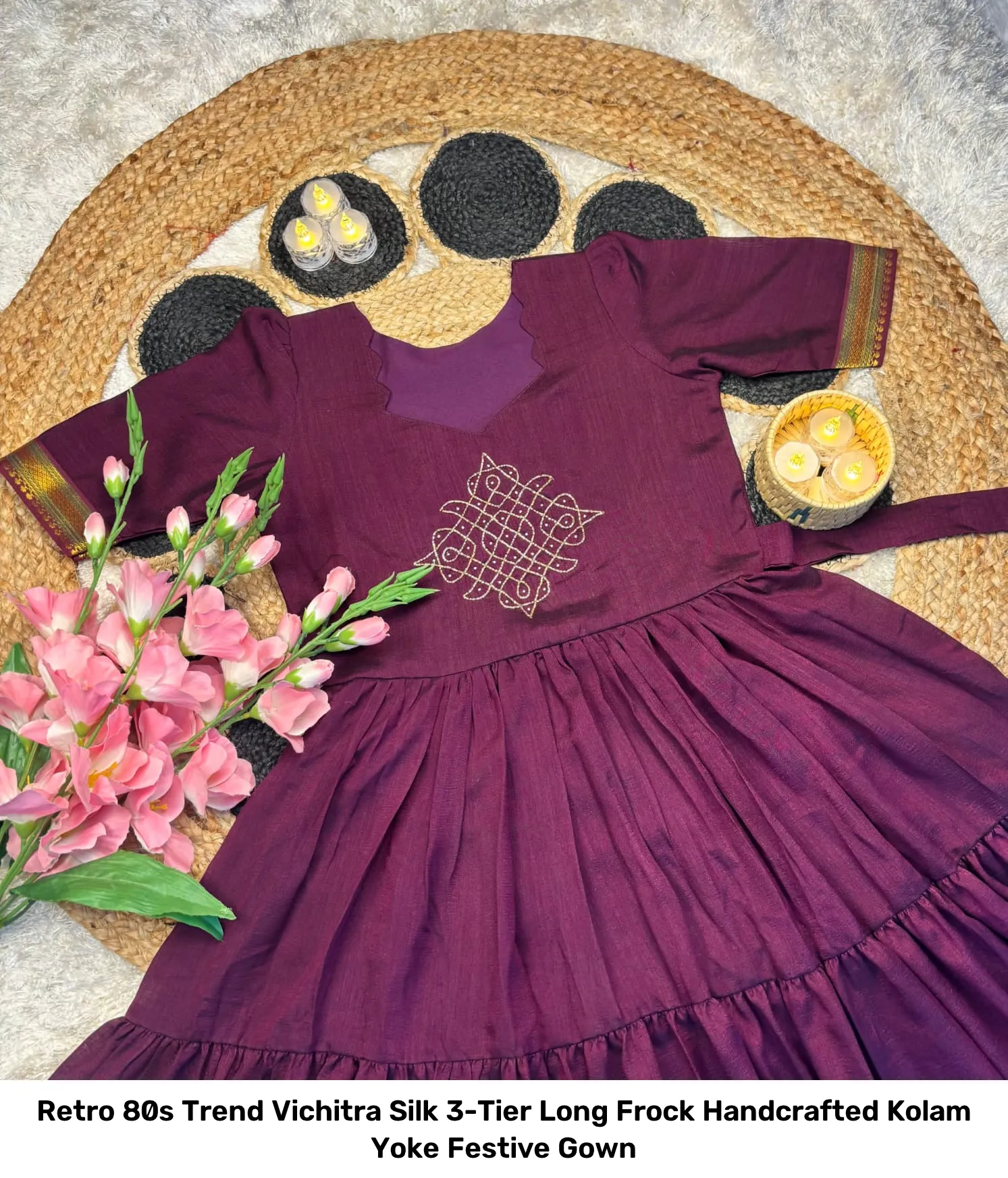 Retro 80s Trend Vichitra Silk 3-Tier Long Frock – Handcrafted Kolam Yoke Festive Gown 24