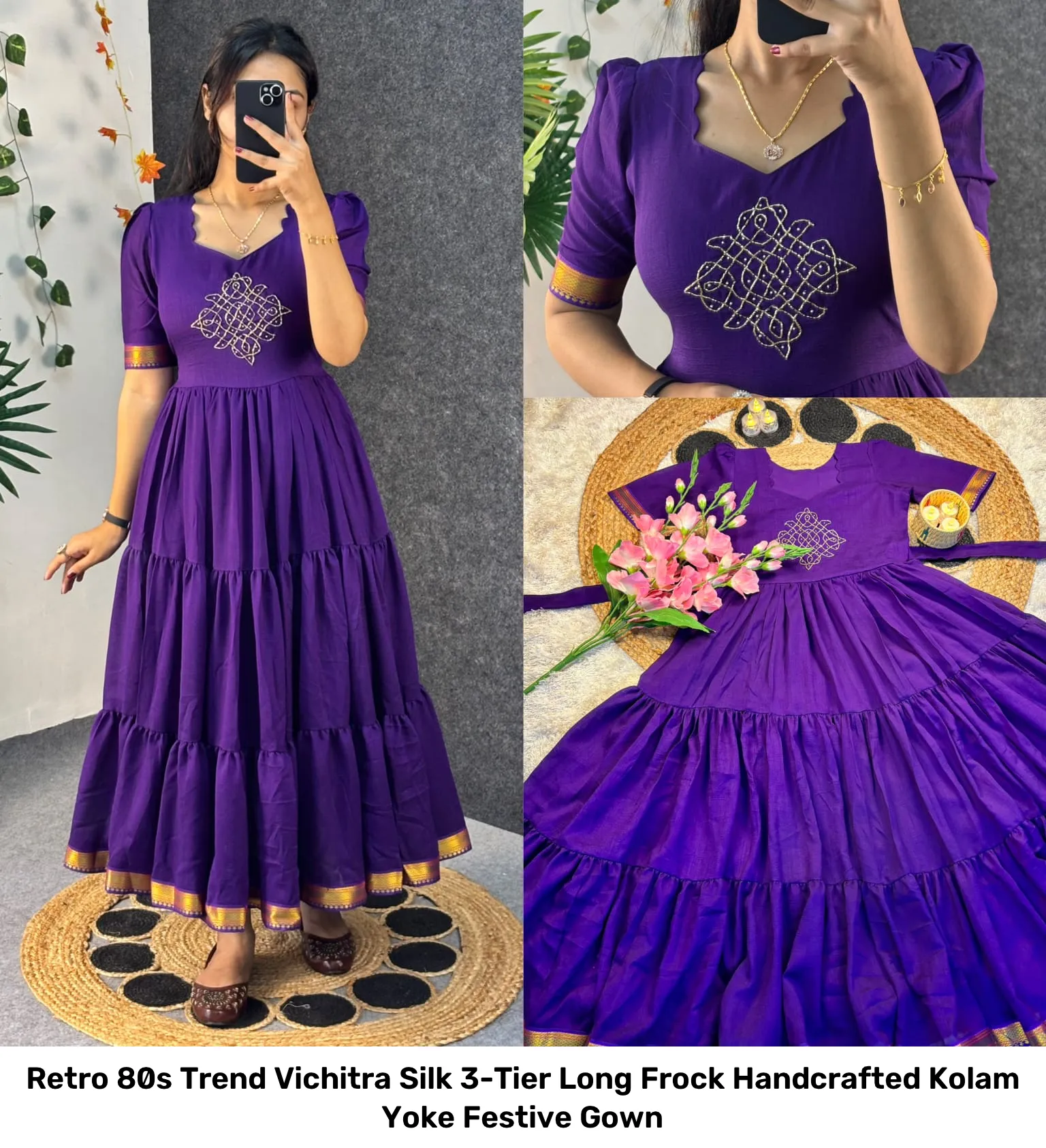 Retro 80s Trend Vichitra Silk 3-Tier Long Frock – Handcrafted Kolam Yoke Festive Gown 25