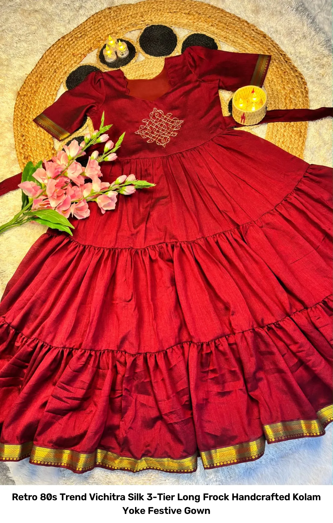 Retro 80s Trend Vichitra Silk 3-Tier Long Frock – Handcrafted Kolam Yoke Festive Gown 3