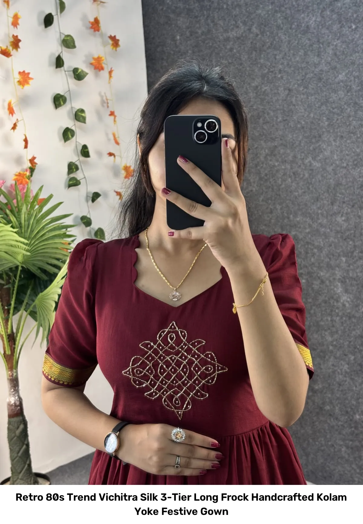 Retro 80s Trend Vichitra Silk 3-Tier Long Frock – Handcrafted Kolam Yoke Festive Gown 5