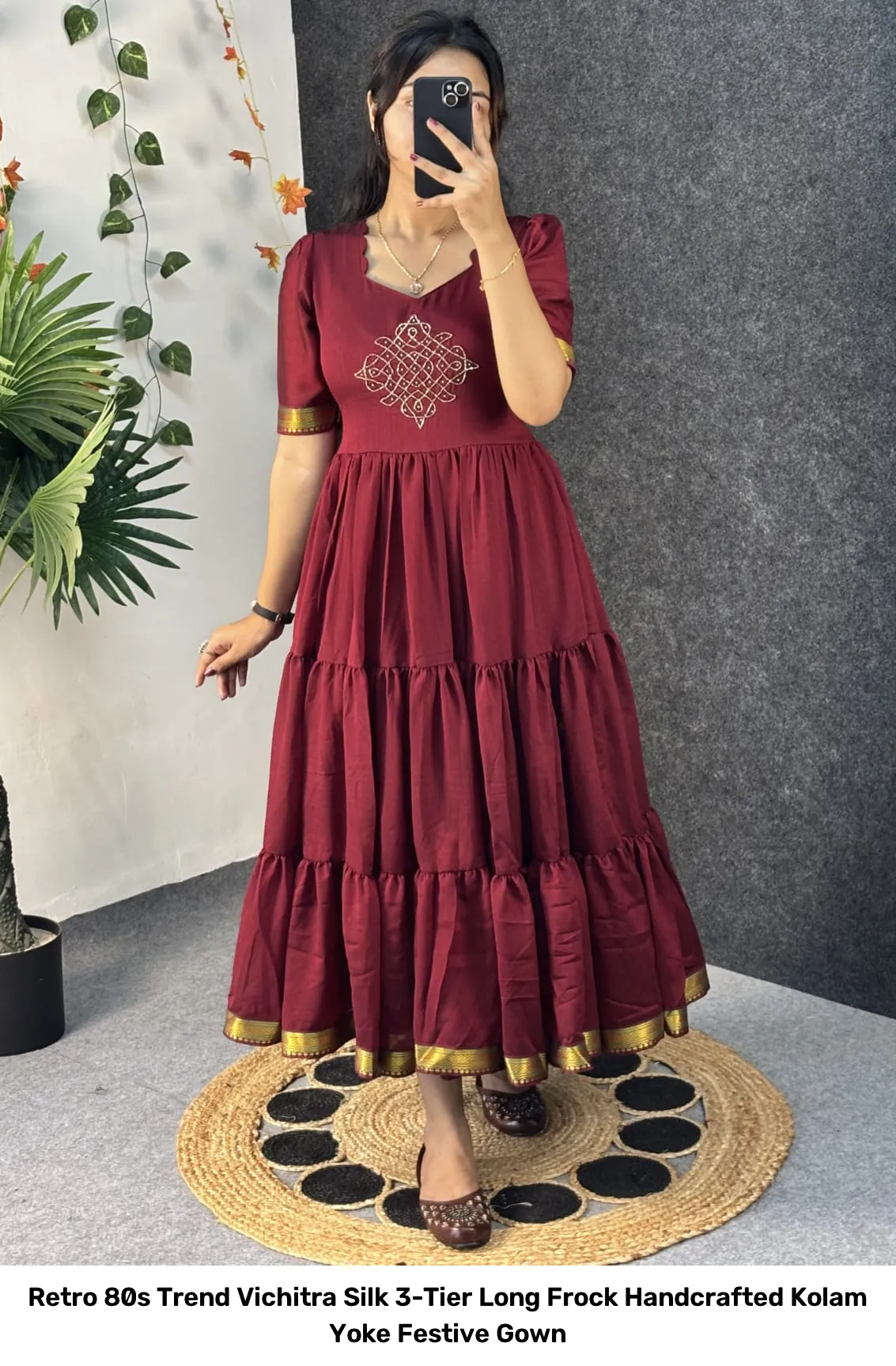 Retro 80s Trend Vichitra Silk 3-Tier Long Frock – Handcrafted Kolam Yoke Festive Gown 6