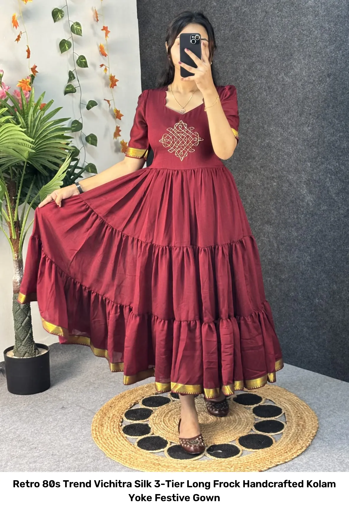 Retro 80s Trend Vichitra Silk 3-Tier Long Frock – Handcrafted Kolam Yoke Festive Gown 7