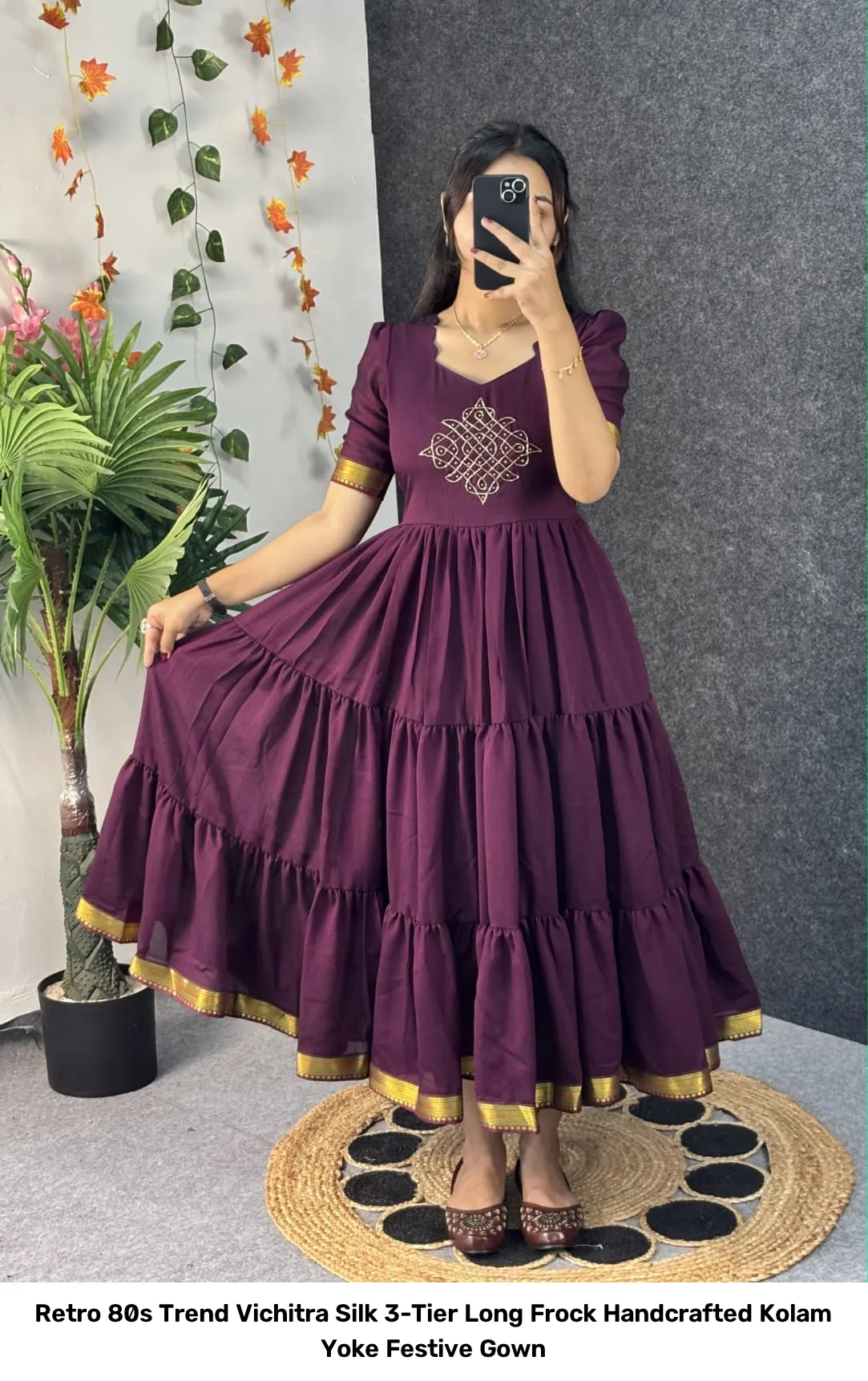 Retro 80s Trend Vichitra Silk 3-Tier Long Frock – Handcrafted Kolam Yoke Festive Gown 8