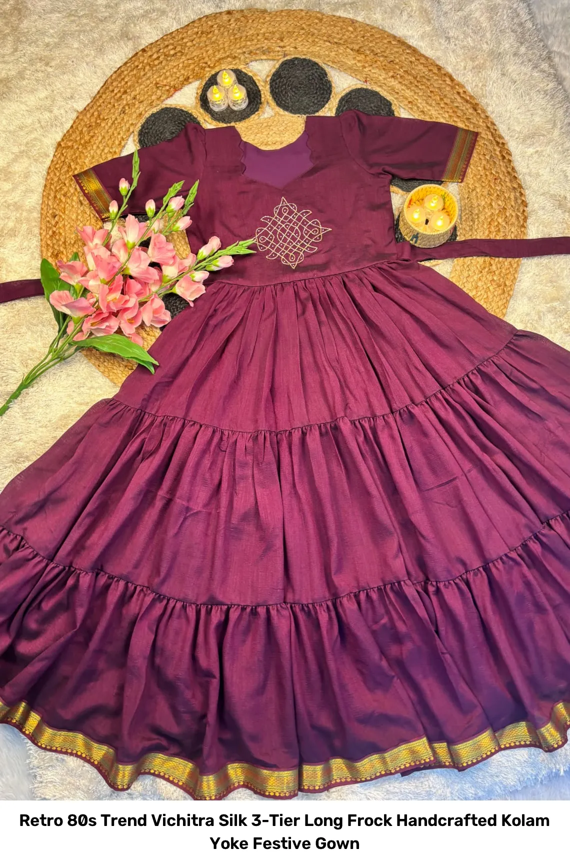 Retro 80s Trend Vichitra Silk 3-Tier Long Frock – Handcrafted Kolam Yoke Festive Gown 9