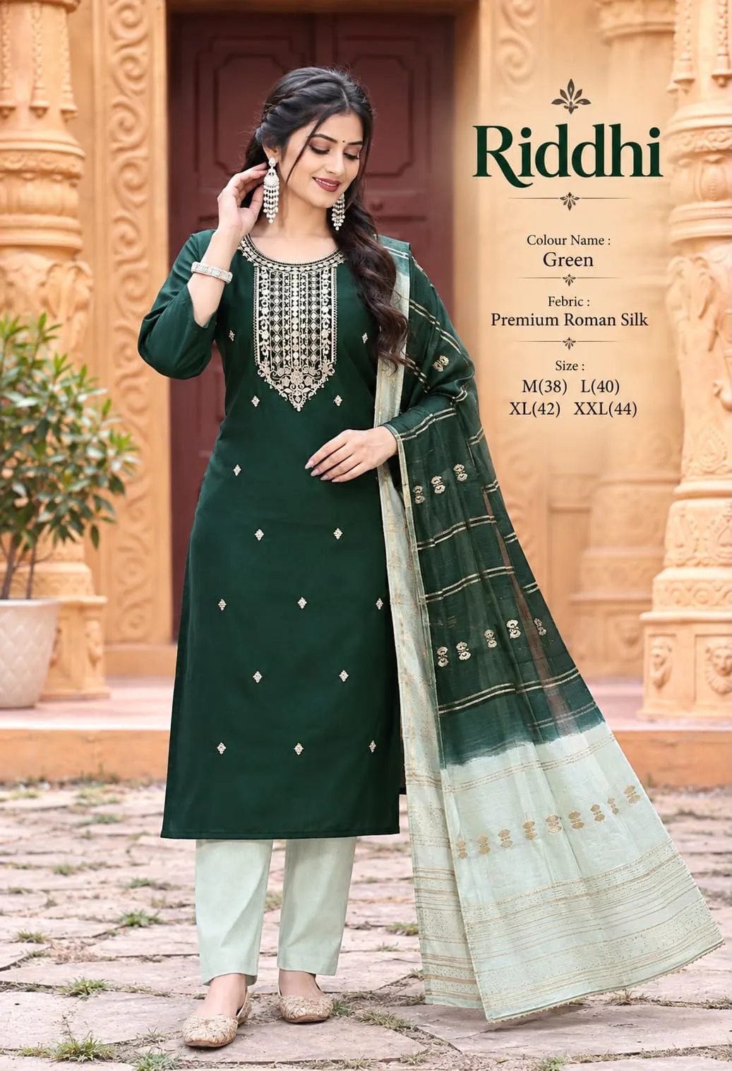 Riddhi Premium Roman Silk Yoke Work Kurti Pant Set with Dupatta | Festive Straight Suit Set for Women