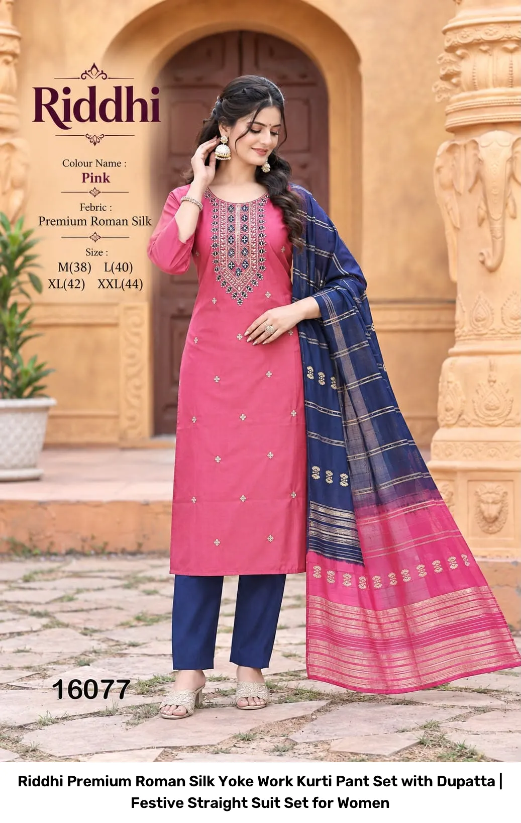 Riddhi Premium Roman Silk Yoke Work Kurti Pant Set with Dupatta | Festive Straight Suit Set for Women 2