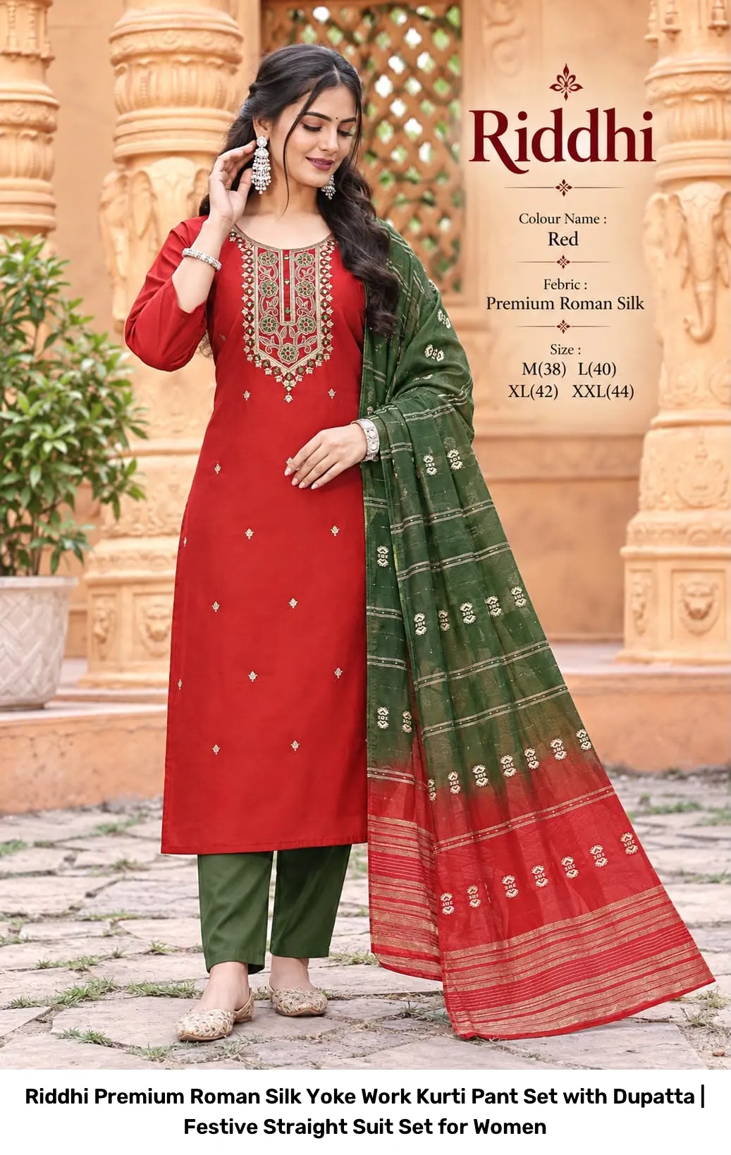 Riddhi Premium Roman Silk Yoke Work Kurti Pant Set with Dupatta | Festive Straight Suit Set for Women 3