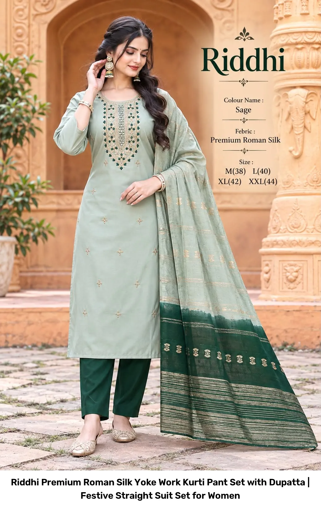 Riddhi Premium Roman Silk Yoke Work Kurti Pant Set with Dupatta | Festive Straight Suit Set for Women 4