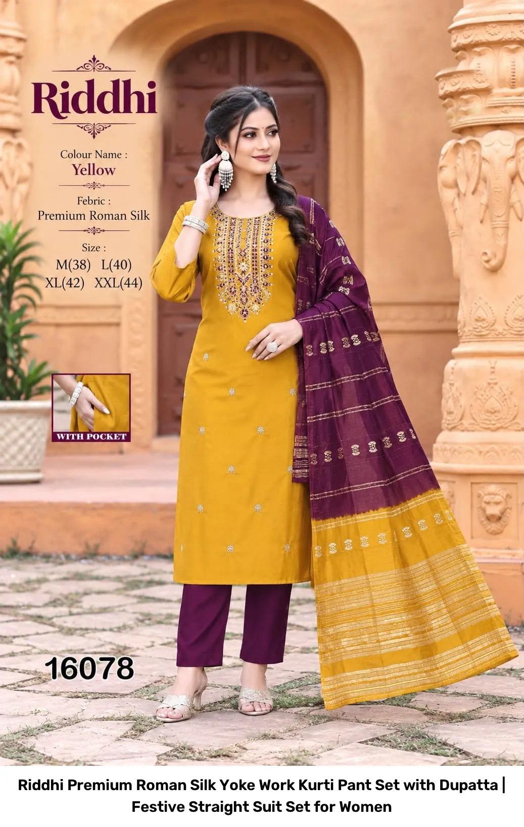 Riddhi Premium Roman Silk Yoke Work Kurti Pant Set with Dupatta | Festive Straight Suit Set for Women 5