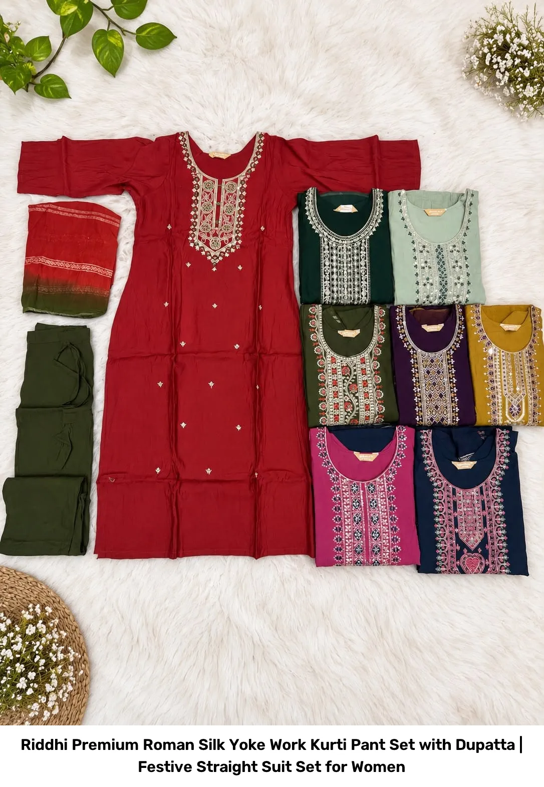 Riddhi Premium Roman Silk Yoke Work Kurti Pant Set with Dupatta | Festive Straight Suit Set for Women 6