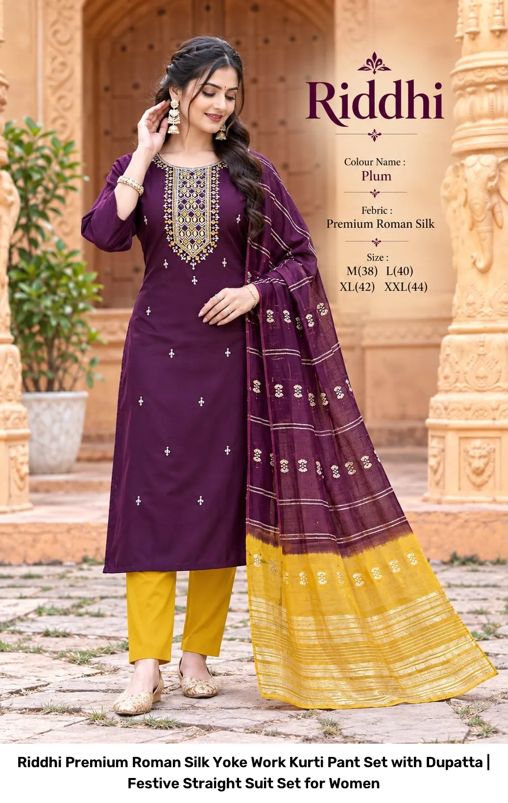 Riddhi Premium Roman Silk Yoke Work Kurti Pant Set with Dupatta | Festive Straight Suit Set for Women 7