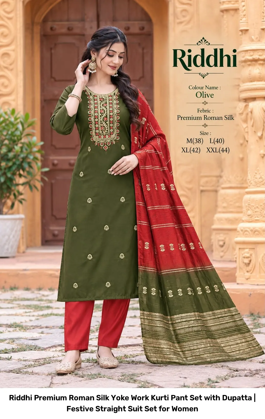 Riddhi Premium Roman Silk Yoke Work Kurti Pant Set with Dupatta | Festive Straight Suit Set for Women 8
