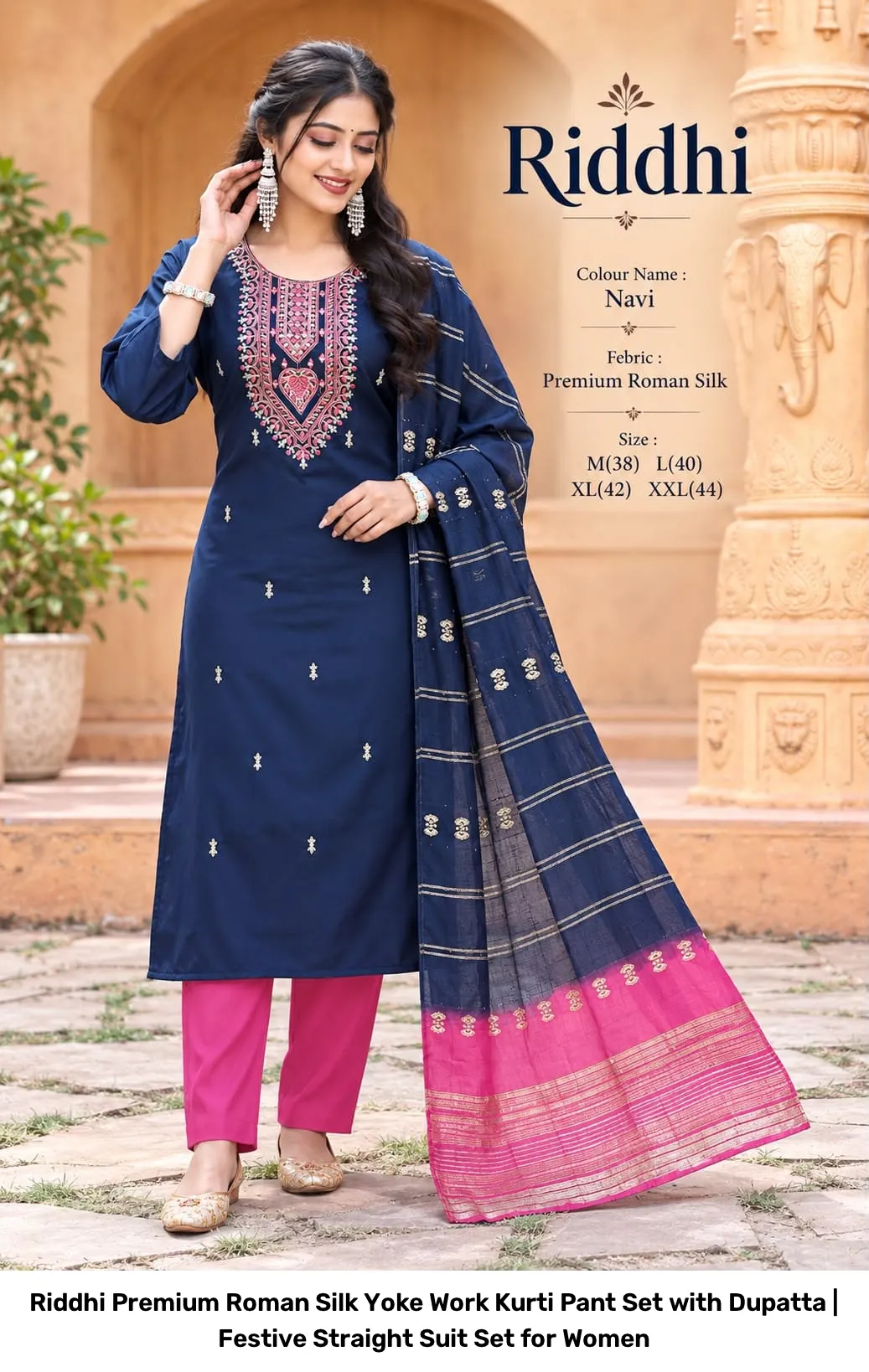 Riddhi Premium Roman Silk Yoke Work Kurti Pant Set with Dupatta | Festive Straight Suit Set for Women 9